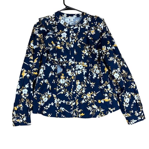 J Crew Womens Blouse Blue Multicolored Floral Ruffle Button Down Long Sleeve M - Picture 1 of 12